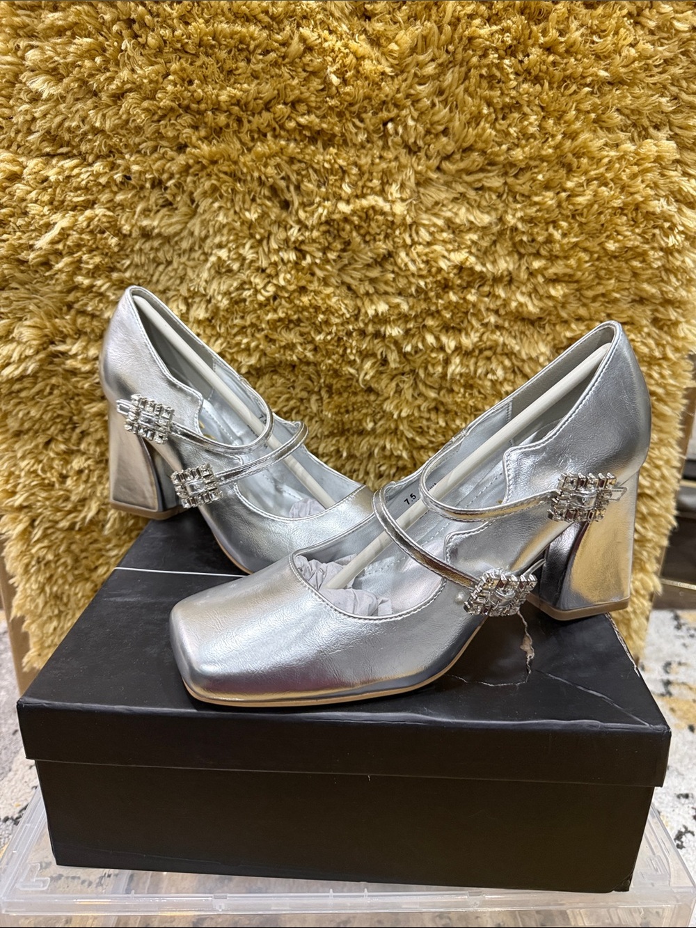 Cape Robbin Silver Mary Jane Block Heel Pumps with Crystal Straps